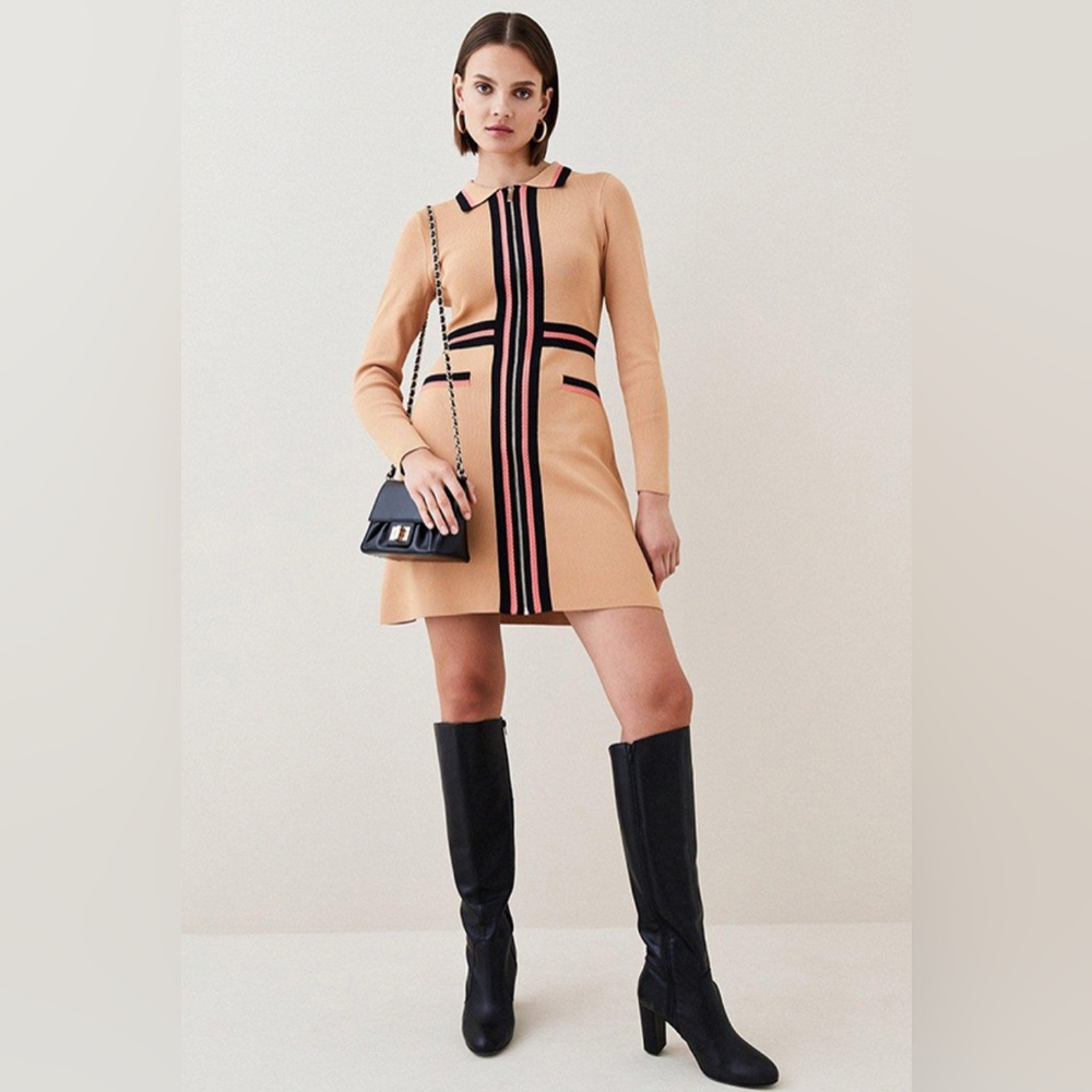 NWT Karen Millen - Sporty Full Needle Long Sleeve Mini Dress in Camel
